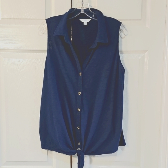 Time & Tru Sleeveless Button-Up Top W Bottom Tie Navy XL EUC - Picture 1 of 9